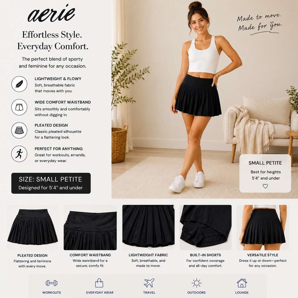 Aerie OFFLINE Real Me Pleated Tennis Skort Black Small Petite S/P Activewear